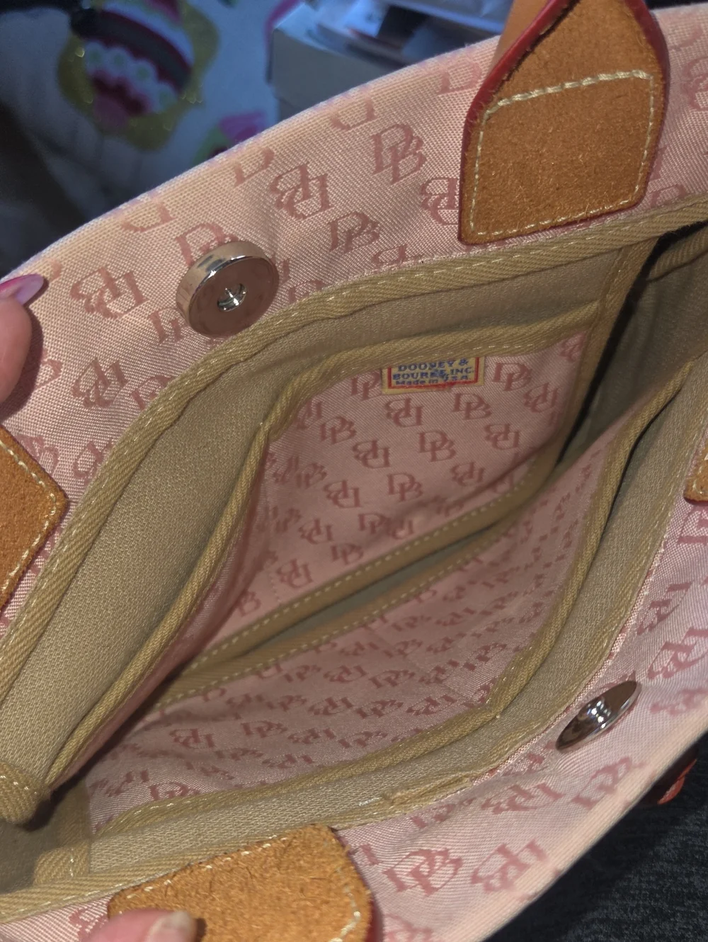 Dooney Bourke DB Monogram Drawstring Tote Canvas Leather Tassel Pink